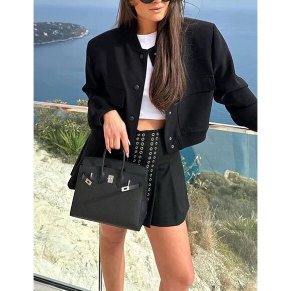 Women Black Cropped Bomber Jacket Button Down Varsity Shacket with Pockets - Picture 4 of 5